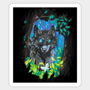 Black Wolf with Glowing Blue Eyes in the Forest Sticker